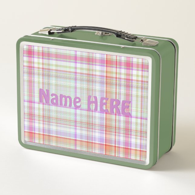 Customized Cute Elegant Purple Green Plaid Pattern Metal Lunch Box (Back)