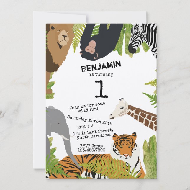 Customized Cute Jungle Animals Safari Birthday Invitation (Front)