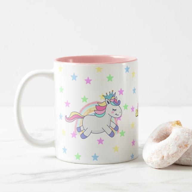 Customized Cute pastel Unicorn rainbow birthday Two-Tone Coffee Mug (With Donut)
