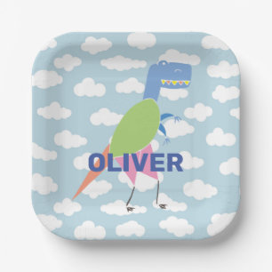 Customized Cute T Rex Dinosaur Kids Birthday Paper Plate