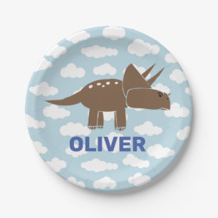 Customized Cute Triceratops Dinosaur Kids Birthday Paper Plate