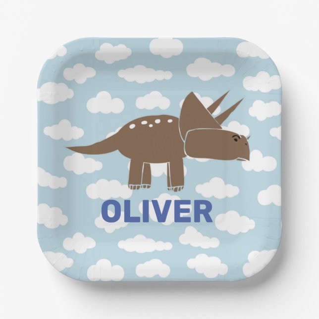 Customized Cute Triceratops Dinosaur Kids Birthday Paper Plate (Front)