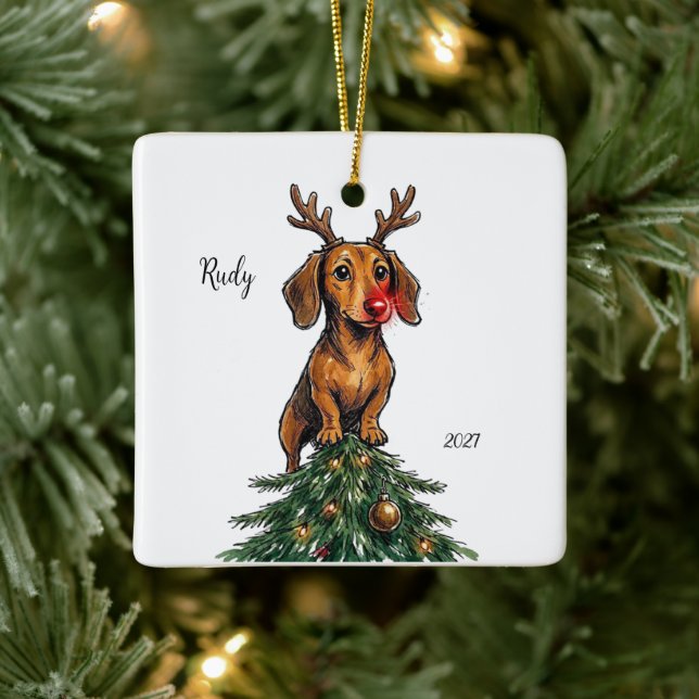 Customized Dachshund Christmas Ceramic Ornament (Tree)