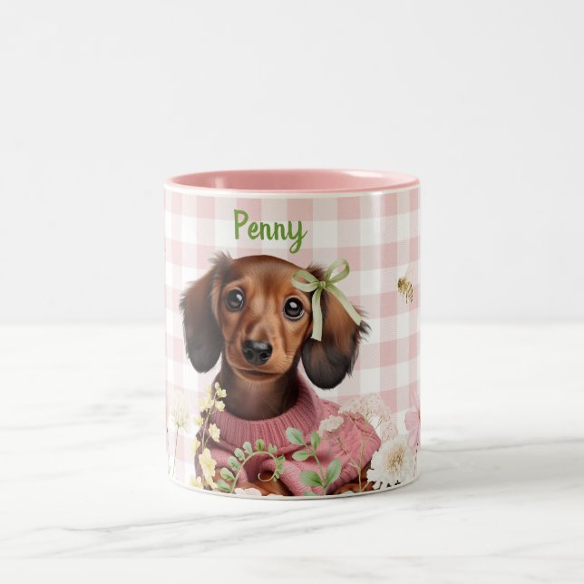 Customized Dachshund Pink & Green  Two-Tone Coffee Mug (Center)