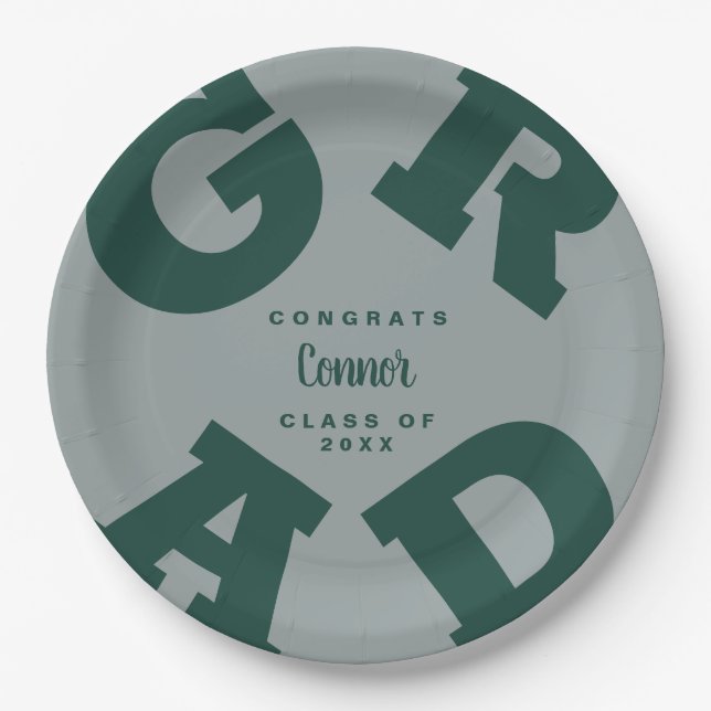 Customized Dark Green and Grey Graduation Paper Plate (Front)