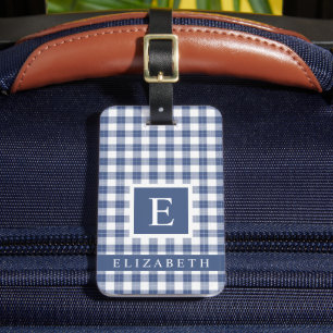 Customized Dark navy Blue White Chequered Pattern Luggage Tag