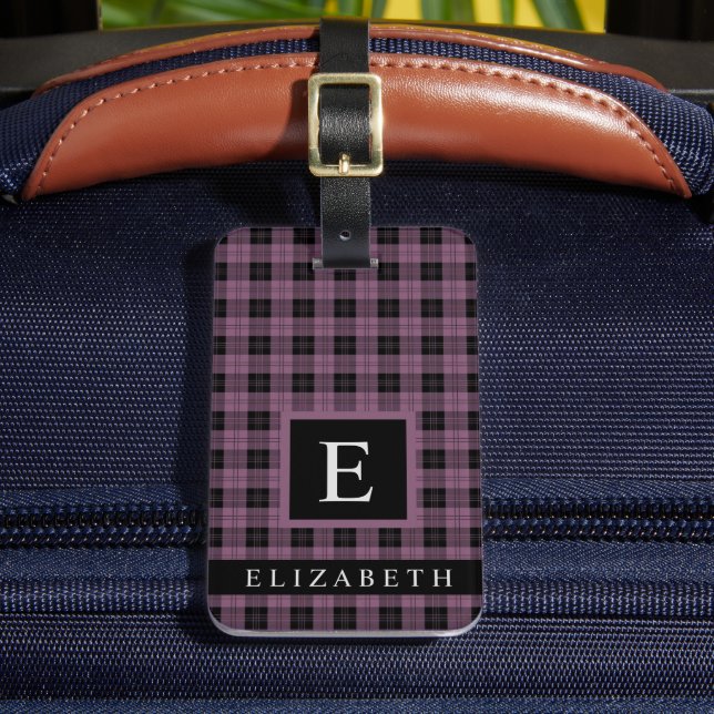 Customized Dark Violet Purple Black Chequered  Luggage Tag (Front Insitu 2)