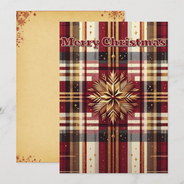 Customized Deep Red and Gold Festive Plaid  Holiday Card (Front/Back)