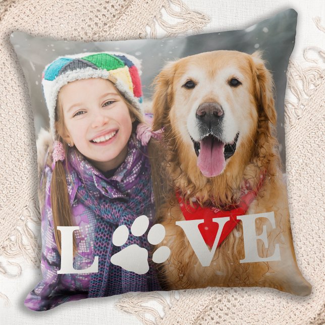 Customized Dog Lover LOVE Paw Print Pet Photo Throw Pillow (Creator Uploaded)