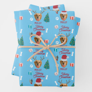 Customized Dog Pet Photo Name Blue Funny Christmas Wrapping Paper Sheet