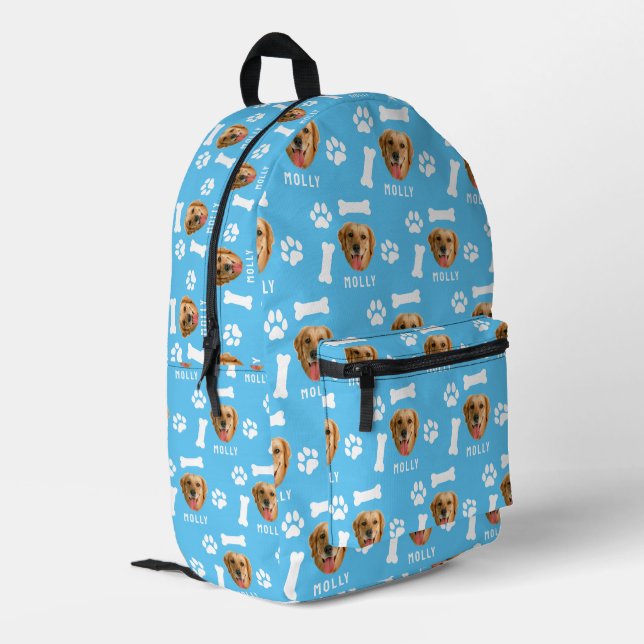Customized Dog Pet Photo & Name Blue Printed Backpack (Back Corner Left)