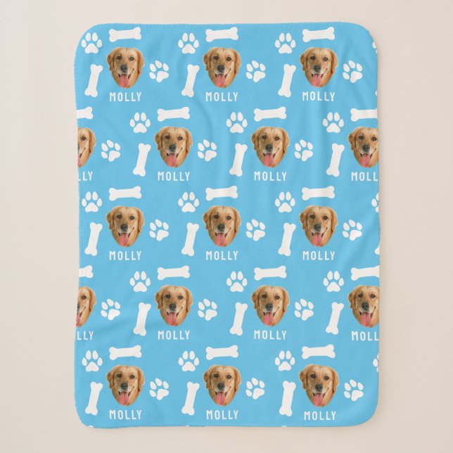Customized Dog Pet Photo & Name Blue Sherpa Blanket (Front)
