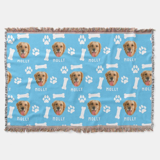 Customized Dog Pet Photo & Name Blue Throw Blanket (Front)
