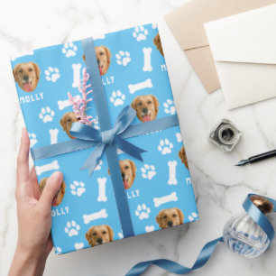 Customized Dog Pet Photo & Name Blue Wrapping Paper