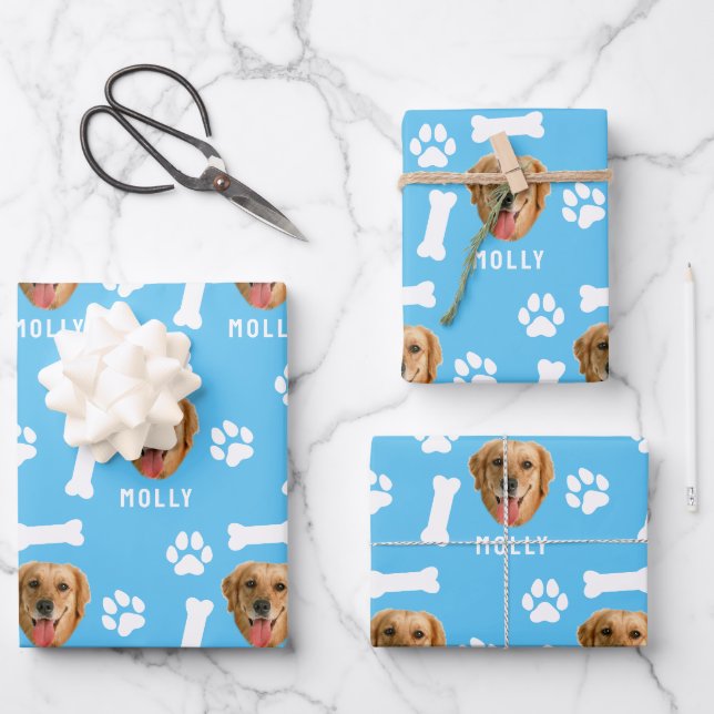 Customized Dog Pet Photo & Name Blue Wrapping Paper Sheet (Front)
