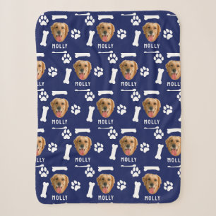 Customized Dog Pet Photo & Name Navy Blue Sherpa Blanket