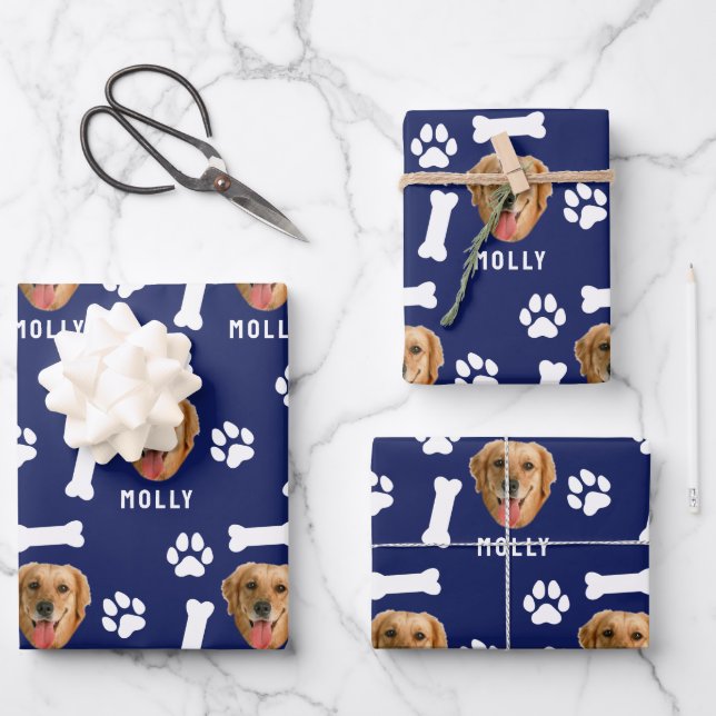 Customized Dog Pet Photo & Name Navy Blue Wrapping Paper Sheet (Front)