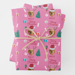 Customized Dog Pet Photo Name Pink Funny Christmas Wrapping Paper Sheet
