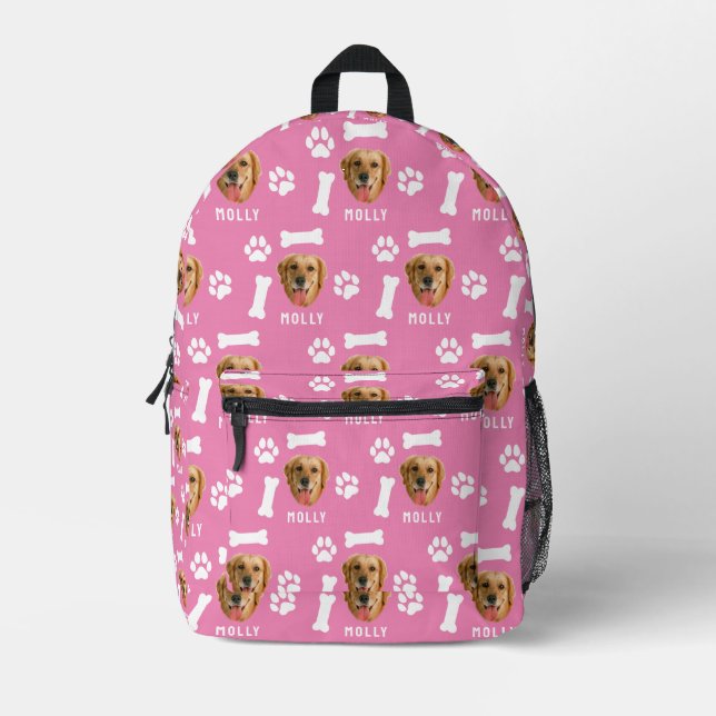 Customized Dog Pet Photo & Name Pink Printed Backpack (Front)