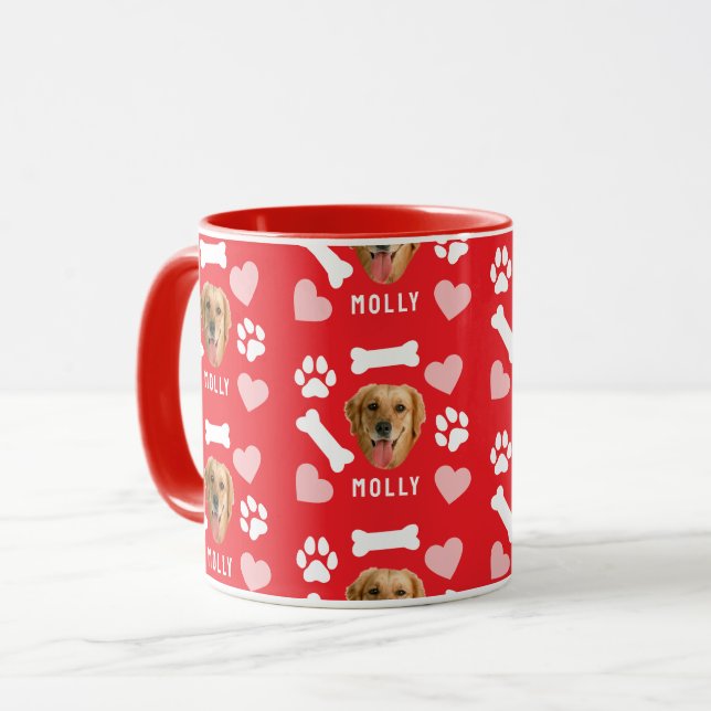 Customized Dog Pet Photo & Name Pink Red Hearts Mug (Front Left)