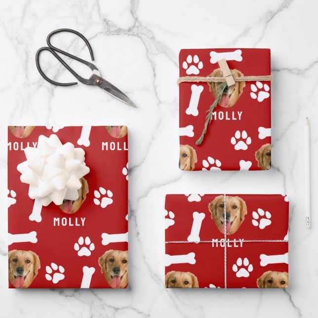 Customized Dog Pet Photo & Name Red Wrapping Paper Sheet (Front)