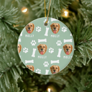 Customized Dog Pet Photo & Name Sage Green Ceramic Ornament