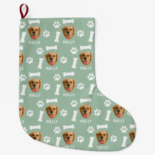 Customized Dog Pet Photo & Name Sage Green Large Christmas Stocking