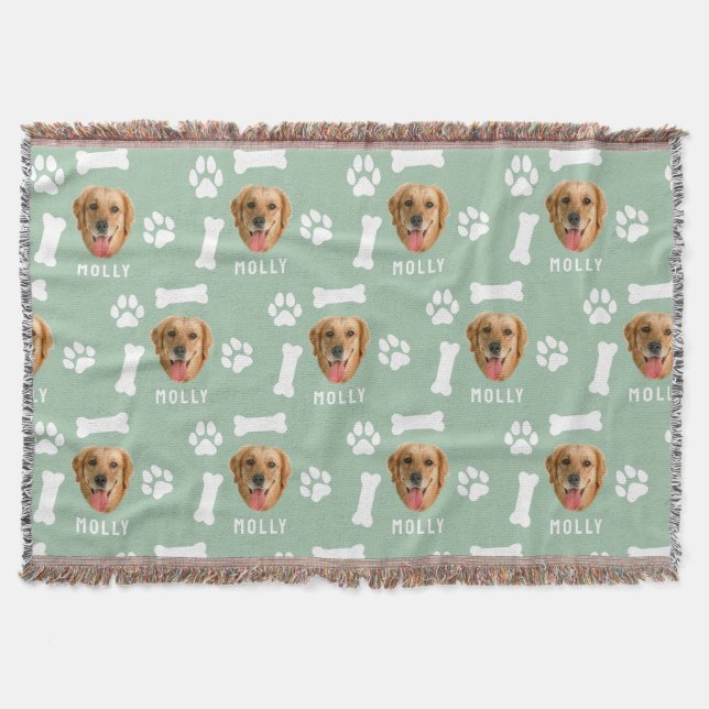 Customized Dog Pet Photo & Name Sage Green Throw Blanket (Front)