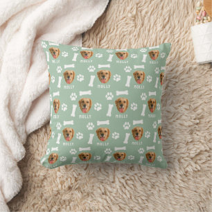 Customized Dog Pet Photo & Name Sage Green Throw Pillow