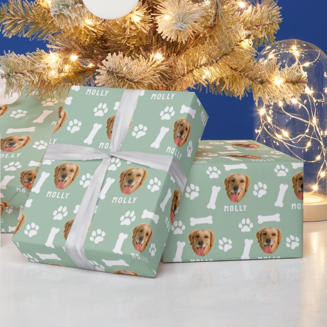 Customized Dog Pet Photo & Name Sage Green  Wrapping Paper (Holidays)