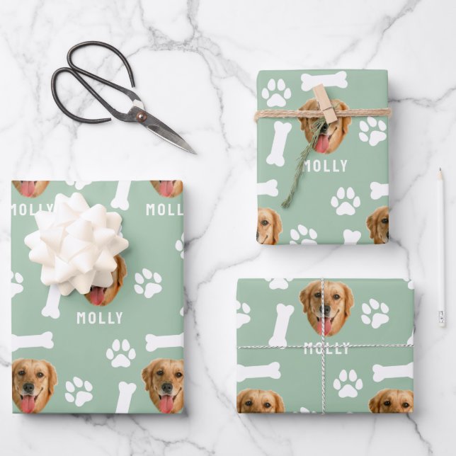 Customized Dog Pet Photo & Name Sage Green Wrapping Paper Sheet (Front)