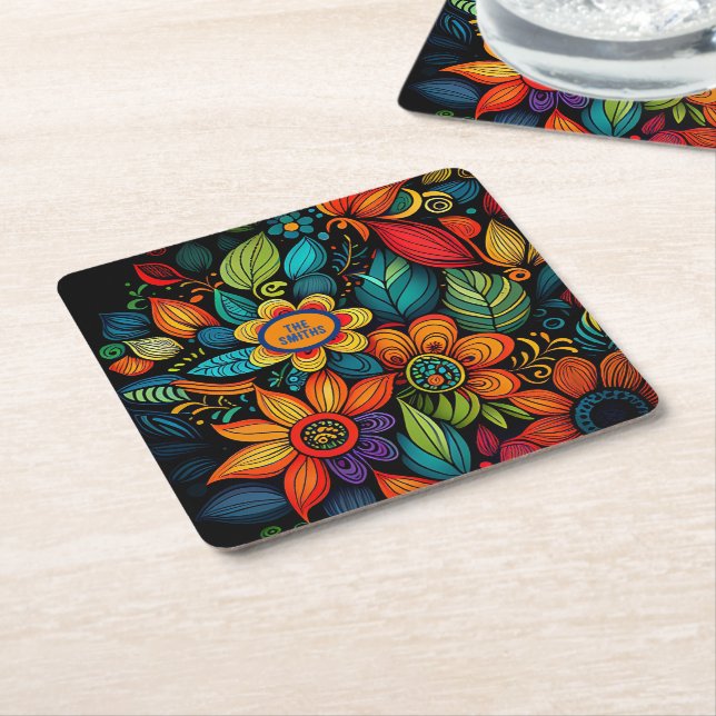 CUSTOMIZED DOODLE FLOWERS ART DESIGN   SQUARE PAPER COASTER (Angled)