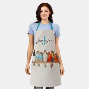 Customized Dusty Blue Birds Vintage Monogram Name Apron