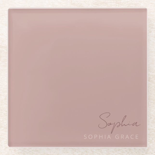 Customized Dusty Rose Modern Handwritten Script  Glass Coaster (Front)