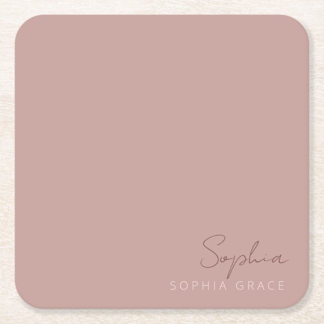 Customized Dusty Rose Modern Handwritten Script Square Paper Coaster (Front)