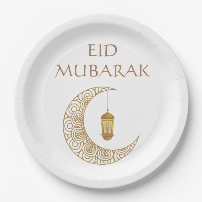Customized Eid Mubarak Golden Decorated Crescent Paper Plate (Front)