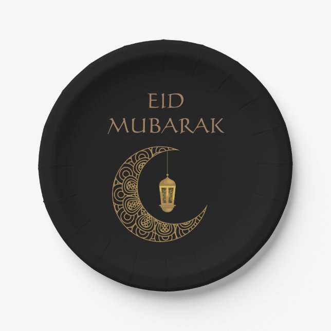 Customized Eid Mubarak Golden Decorated Crescent  Paper Plate (Front)