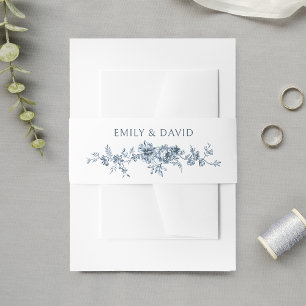 Customized Elegant Engraved Blue Floral Invitation Belly Band
