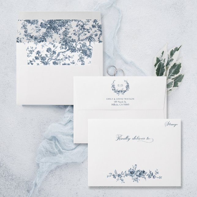 Customized Elegant Engraved Blue Floral Toile Envelope (Creator Uploaded)
