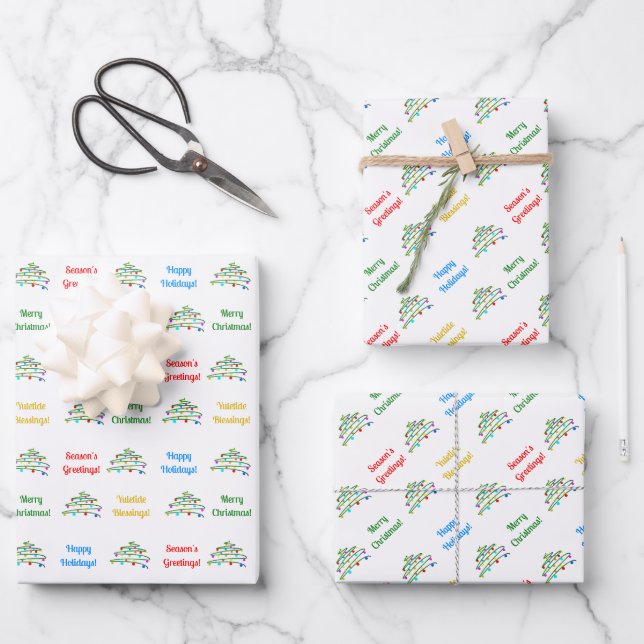 Customized Elegant "Merry Christmas" & Xmas Tree Wrapping Paper Sheet (Front)