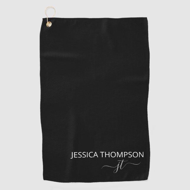 Customized Elegant Modern Monogram Name Black Golf Golf Towel (Front)