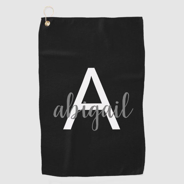 Customized Elegant Modern Monogram Name Black Golf Towel (Front)