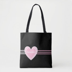 Customized Elegant Pink White Heart Stripes Black Tote Bag