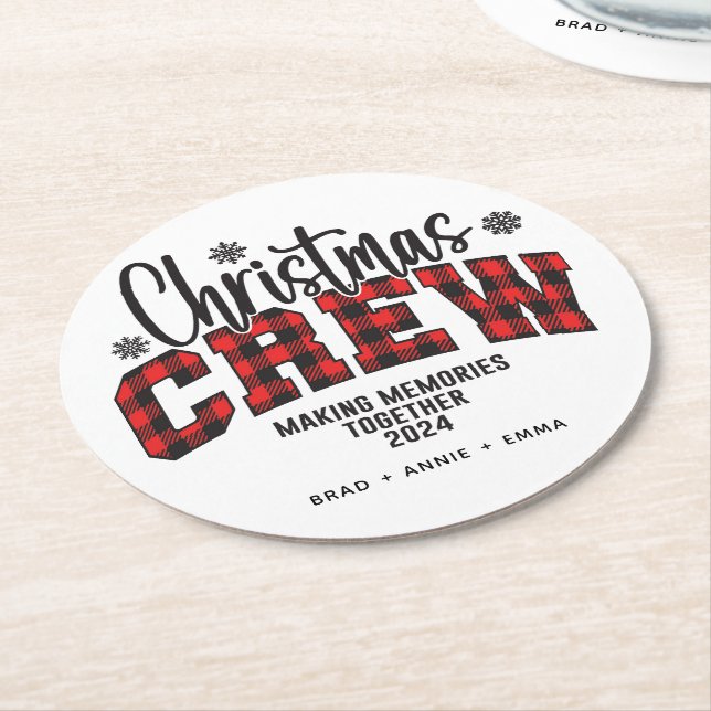 Customized Family Christmas Crew 2024 T-Shirt Round Paper Coaster (Angled)