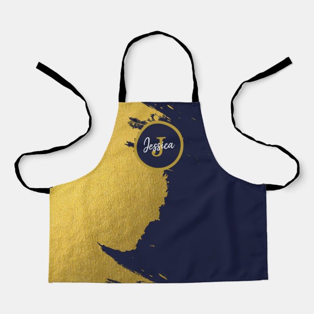 Customized Faux Gold Brushstrokes with Navy Blue Apron (Front)