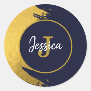 Customized Faux Gold Brushstrokes with Navy Blue Classic Round Sticker