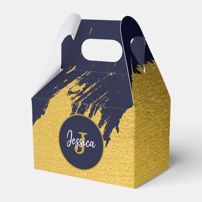 Customized Faux Gold Brushstrokes with Navy Blue Favor Box (Back Side)