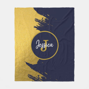 Customized Faux Gold Brushstrokes with Navy Blue Fleece Blanket