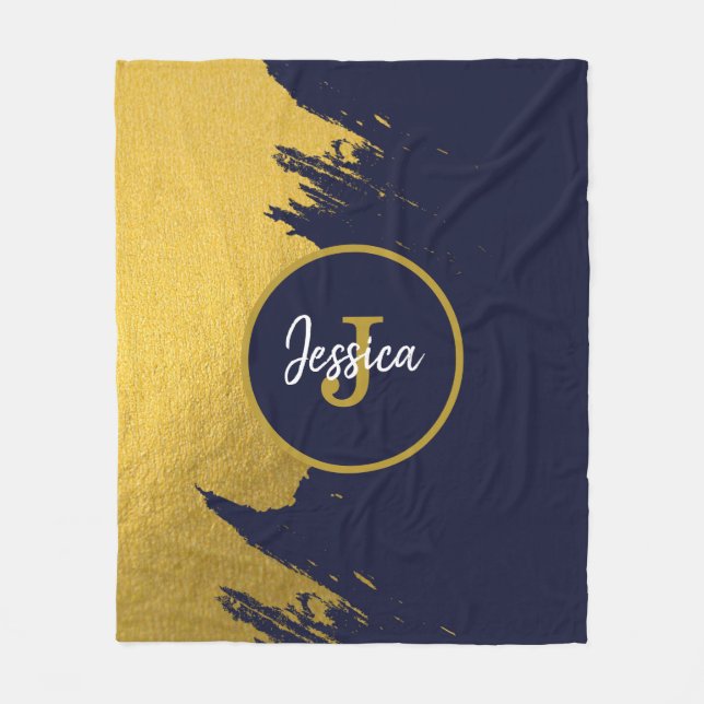 Customized Faux Gold Brushstrokes with Navy Blue Fleece Blanket (Front)