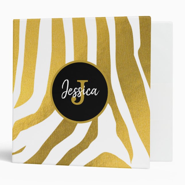 Customized Faux Gold Zebra Print Stripes Pattern Binder (Front/Inside)